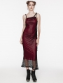 Black and Red Gothic Daily Asymmetric Strap Mesh Overlay Long Slip Dress