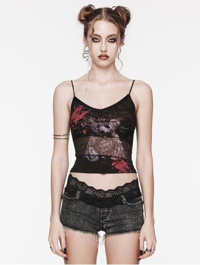 Black and Red Gothic Bear Print Daily Cami Top for Women