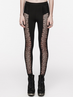 Black Gothic Daily Lace Spliced Hollow Out Pants for Women