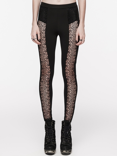 Black Gothic Daily Lace Spliced Hollow Out Pants for Women