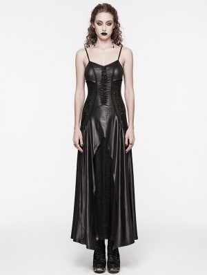 Black Gothic PU Leather Hollow-out Slip Sexy Maxi Dress