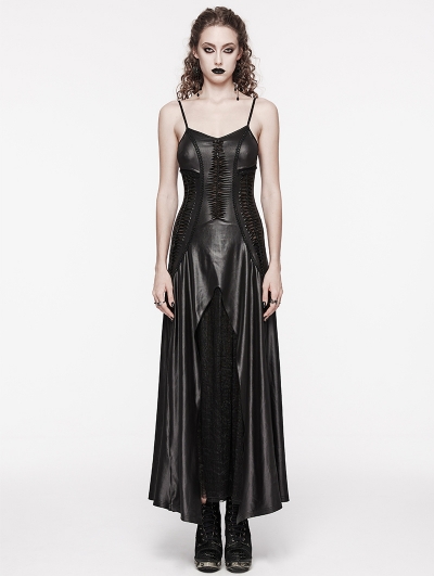 Black Gothic PU Leather Hollow-out Slip Sexy Maxi Dress