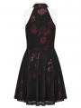 Black and Red Gothic Rose Print Sexy Deep V-neck Sleeveless Short Dress