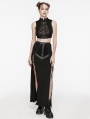 Black Gothic Punk Mesh Splicing Drawstring Slit Maxi Skirt