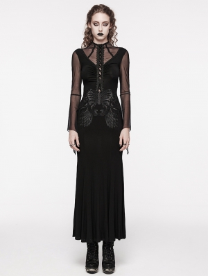 Black Gothic Lace Applique Mesh Long Sleeve Slim Fit Dress