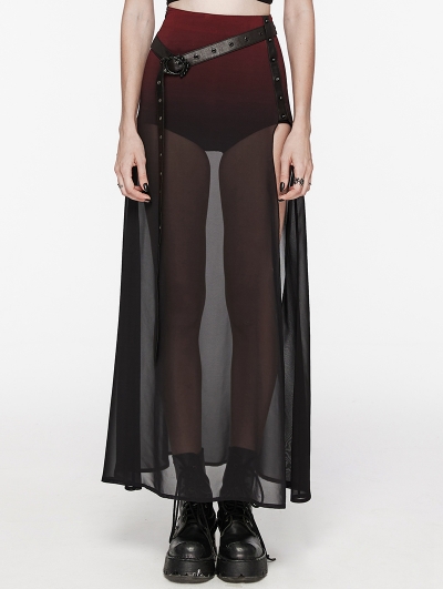 Black and Red Gothic Daily Chiffon Sheer High Slit Maxi Skirt