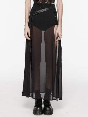 Black Gothic Daily Chiffon Sheer High Slit Maxi Skirt