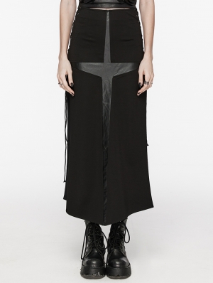Black Gothic Punk Cross Splicing Eyelet Drawstring Long Skirt