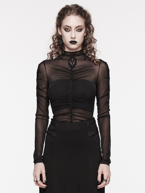 Black Gothic Skeleton Pleat Mesh Long Sleeve T-Shirt for Women
