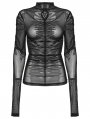 Black Gothic Skeleton Pleat Mesh Long Sleeve T-Shirt for Women