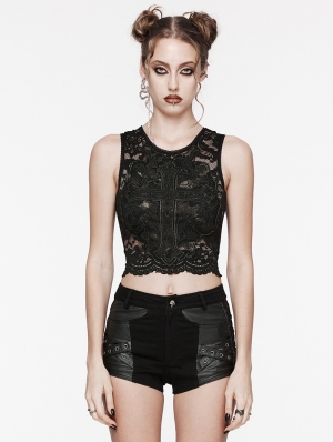 Black Gothic Daily Cross Embroidery Lace Tank Top for Women