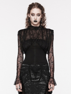 Black Gothic Retro Floral Lace Long Sleeves Shirt for Women