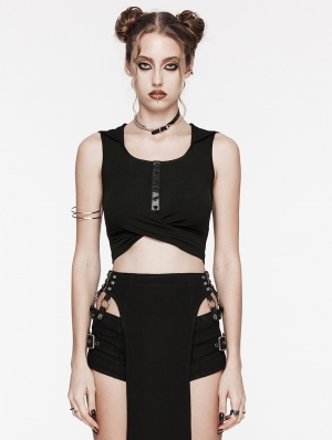 Black Gothic Wasteland Hooded Knit Crop Top for Women