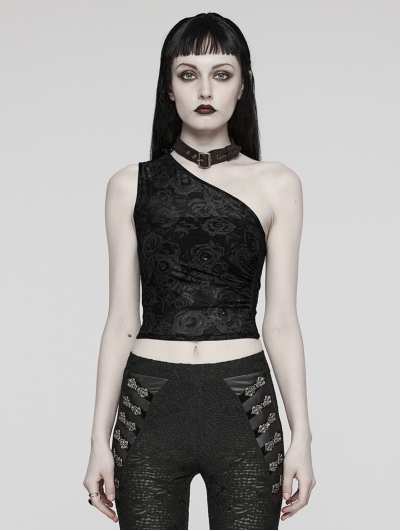 Women's Black Gothic Asymmetric Sexy Mesh Printed Top With Detachable Choker