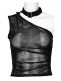 Women's Black Gothic Asymmetric Sexy Mesh Printed Top With Detachable Choker