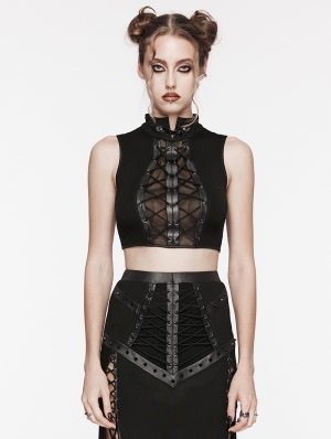 Black Gothic Punk Buckle Stand Collar Tie-Up Crop Top for Women