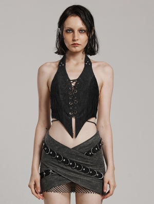 Black Punk Gothic Punk Halter Lace-Up Vest Top for Women