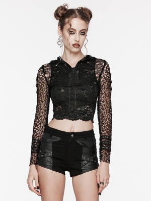 Black Gothic Punk Hooded Ripped Mesh Short Jacket for Women