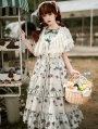 Green Cherry Print Tiered Short Sleeve Classic Country Lolita OP Dress