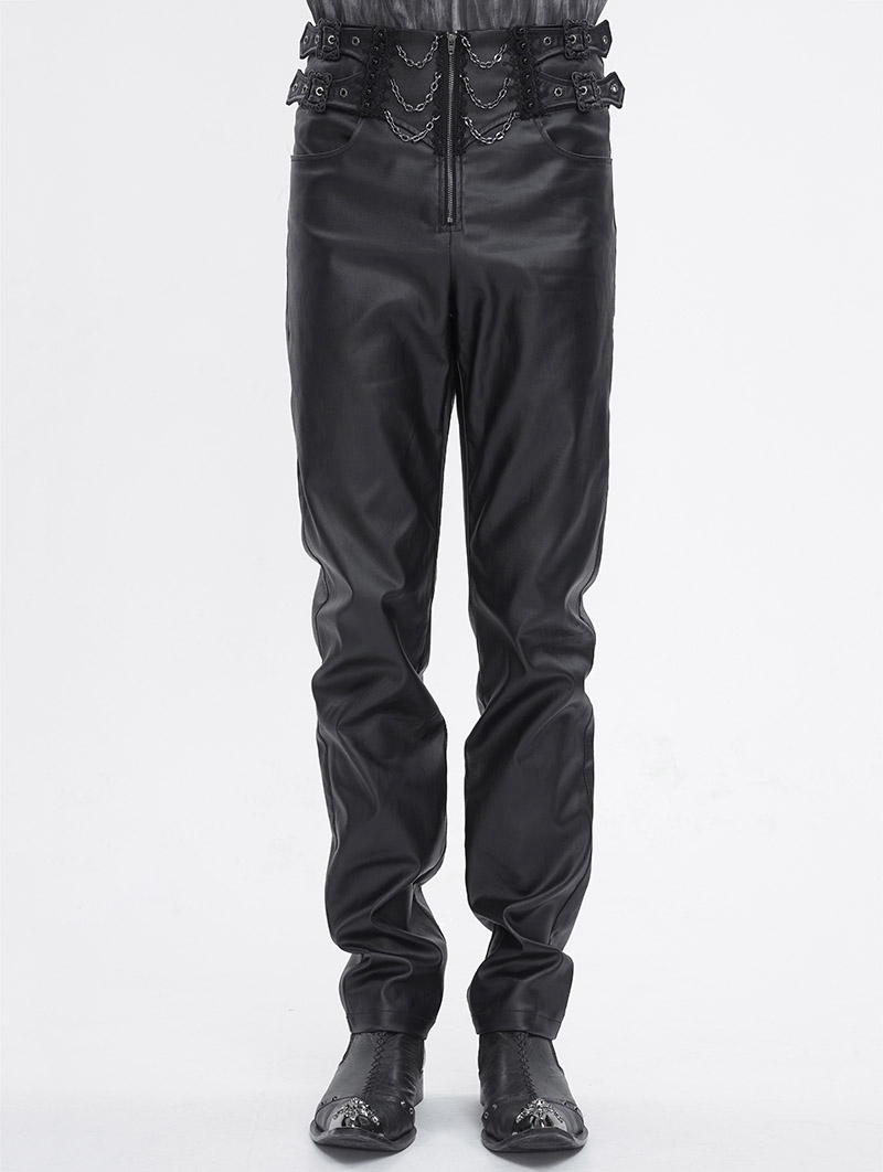 Black Gothic Punk Buckle Strap Layered Chain Pants for Men