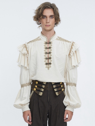 Ivory Steampunk Retro Lace Embroidery Lantern Sleeves Shirt for Men