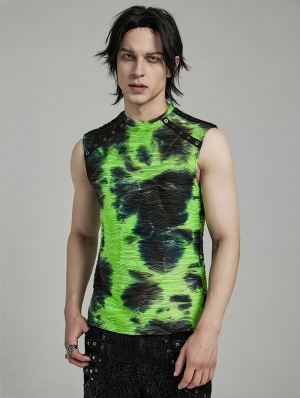 Black and Green Gothic Tie-Dyed Cyber Tank Top for Men