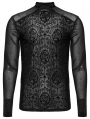 Black Vintage Gothic Flocking Pattern Mesh Long Sleeve T-Shirt for Men