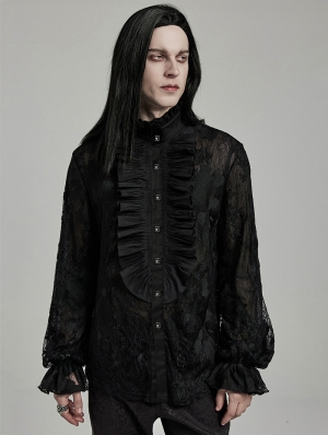 Black Gothic Retro Men's Floral Embroidered Lace Ruffle Shirt