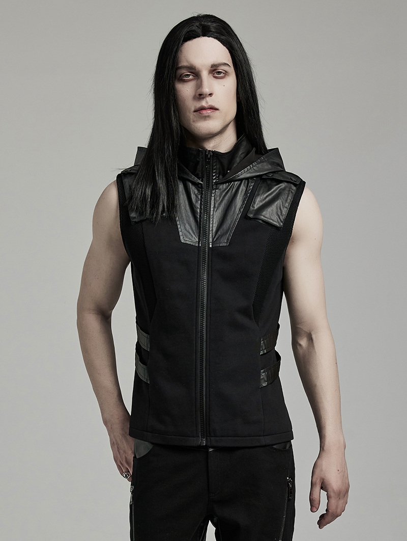 Black Gothic Punk Techwear Hooded Vest Top for Men