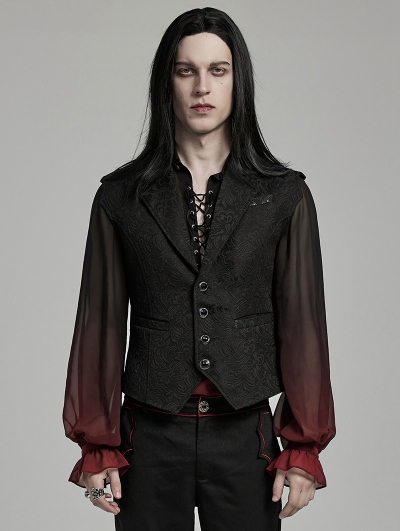 Black Vintage Gothic Jacquard Asymmetric Batwing Button Front Vest for Men