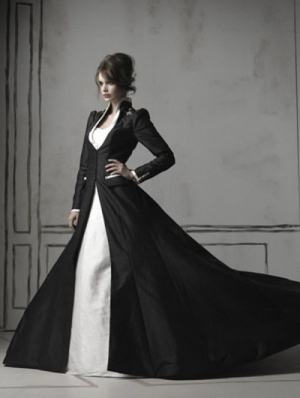 Black and White Long Sleeves Gothic Wedding Dress