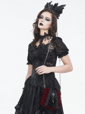 Wine Red Gothic Retro Velvet Lace Applique Chain Strap Shoulder Bag