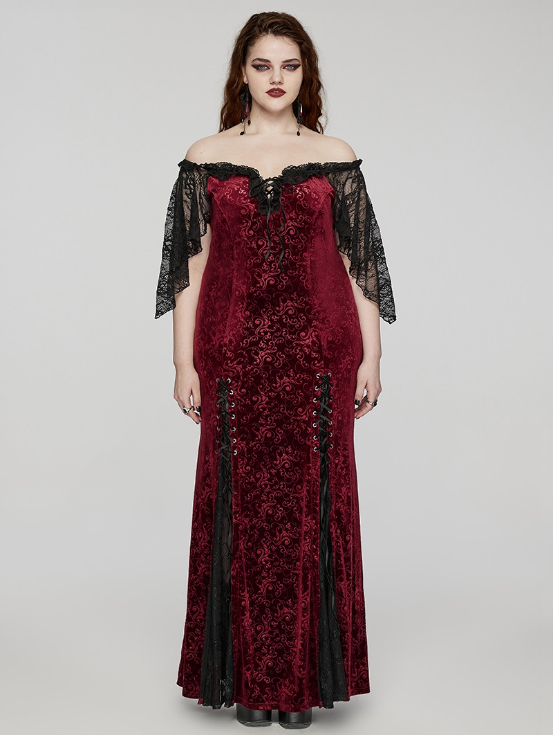 Black and Red Gothic Romantic Off-Shoulder Embossed Velvet Plus Size Long Dress