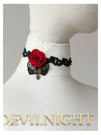 Black Lace Red Flower Romantic Gothic Necklace
