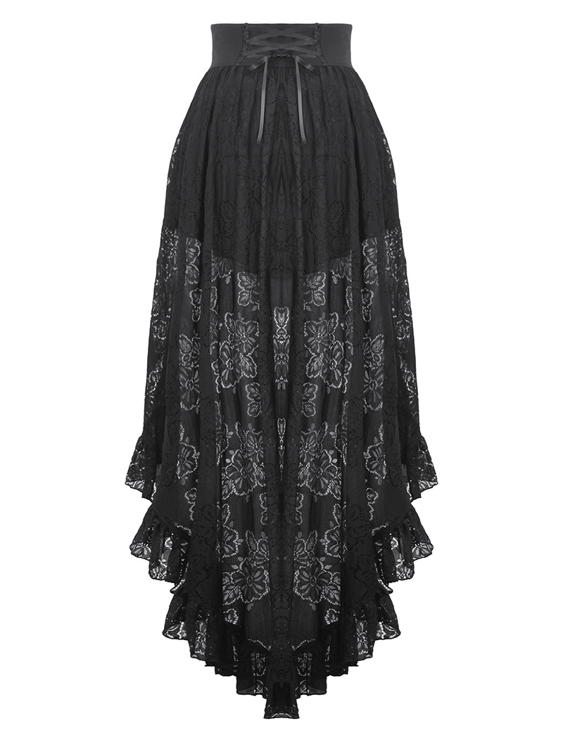 Black Gothic Retro Buckled Belt Floral Lace High-Low Skirt