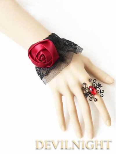 Black Lace Red Flower Gothic Bracelet Ring Jewelry 