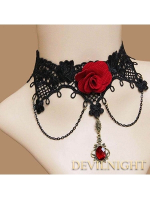 Black Lace Red Flower Pendant Gothic Necklace 