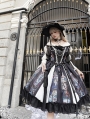 Black Stained Window Print Ruffle Bowknot Gothic Elegant Lolita OP Dress