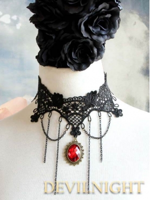 Black Lace Red Pendant Chain Gothic Vampire Necklace