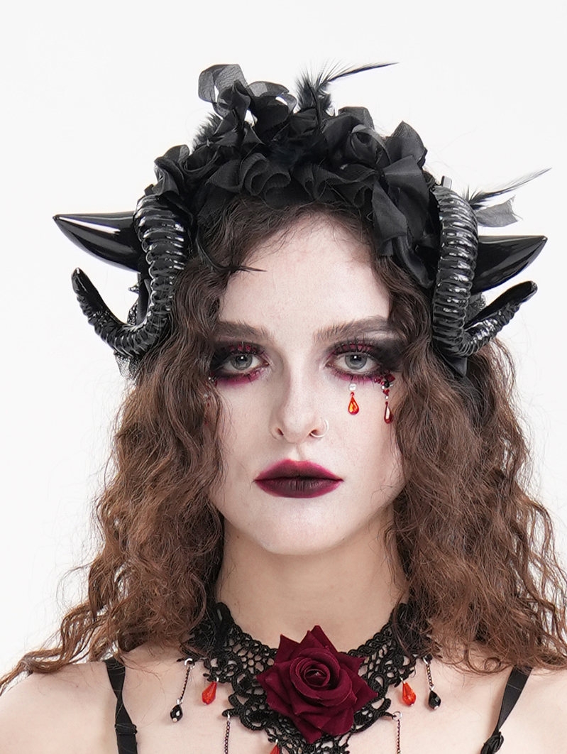 Black Gothic Mesh Flower Devil Sheep Horn Headdress