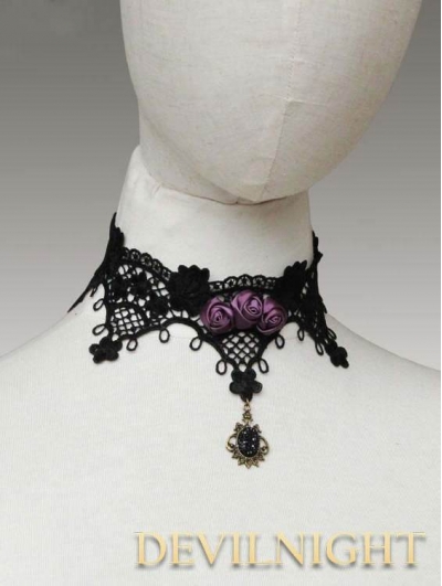 Black Lace Purple Flower Romantic Gothic Necklace