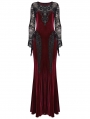 Red and Black Gothic Sexy Velvet Floral Mesh Lace Sleeve Dress