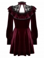 Dark Red Velvet Gothic High Neck Long Sleeve Short Doll Dress