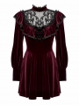Dark Red Velvet Gothic High Neck Long Sleeve Short Doll Dress