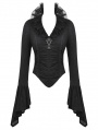 Black Gothic Queen Jacquard Ruffle V-Neck Shirt for Women