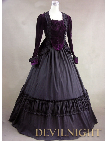 Purple Velvet Long Sleeves Gothic Victorian Ball Gowns - Devilnight.co.uk