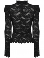Black Gothic Long Puff Sleeve Floral Ruffled Lace Top for Women