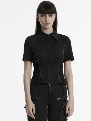 Black and Gray Gothic Punk Military Style Short Sleeve Shirt for Women