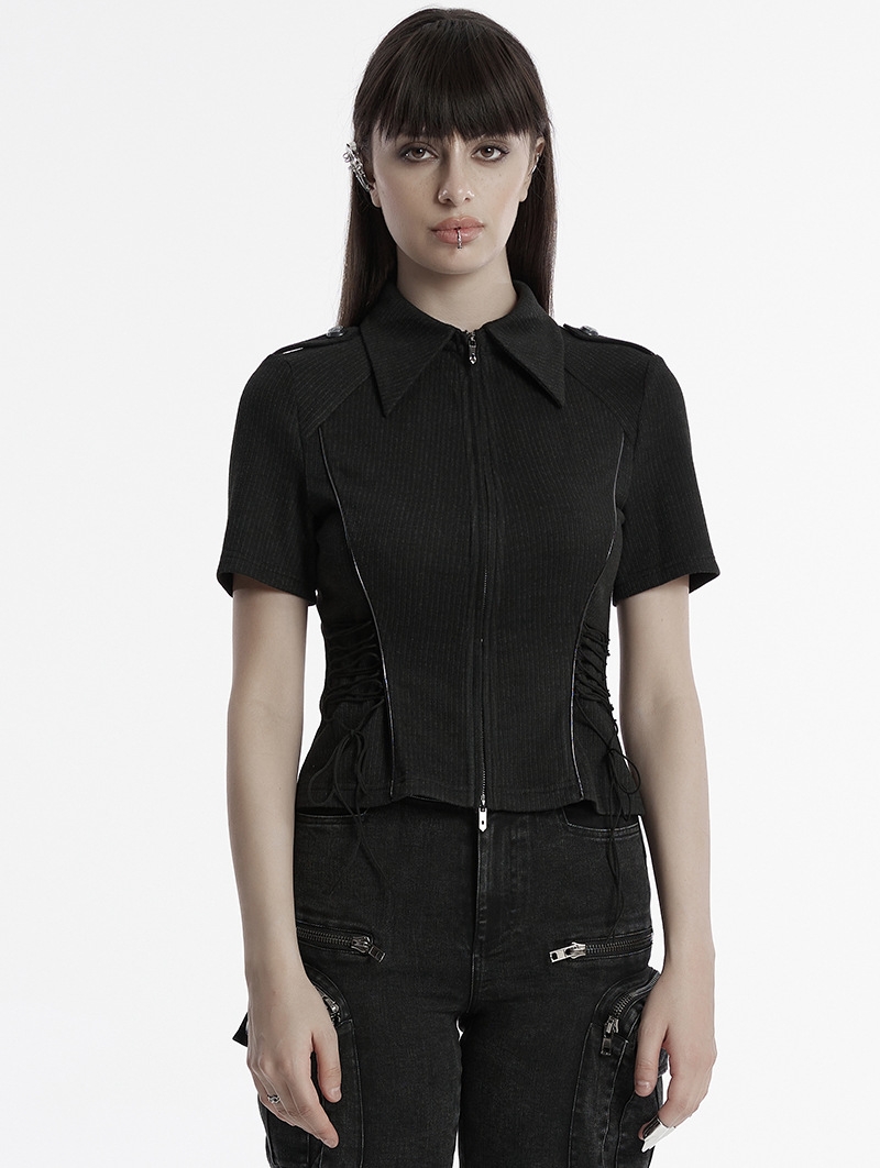 Black and Gray Gothic Punk Military Style Short Sleeve Shirt for Women