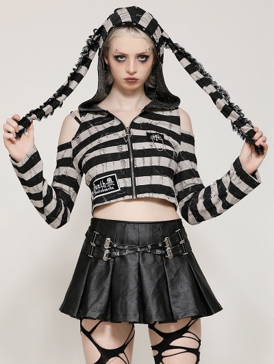Black and White Gothic Bunny Ear Striped Crop Top for Women